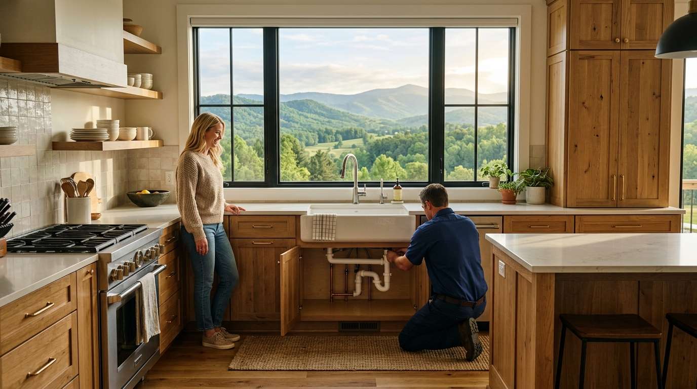 Professional plumber finishing under-sink work with satisfied homeowner in Upstate SC kitchen