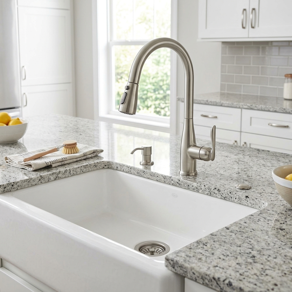 Kitchen faucet installation on farmhouse sink