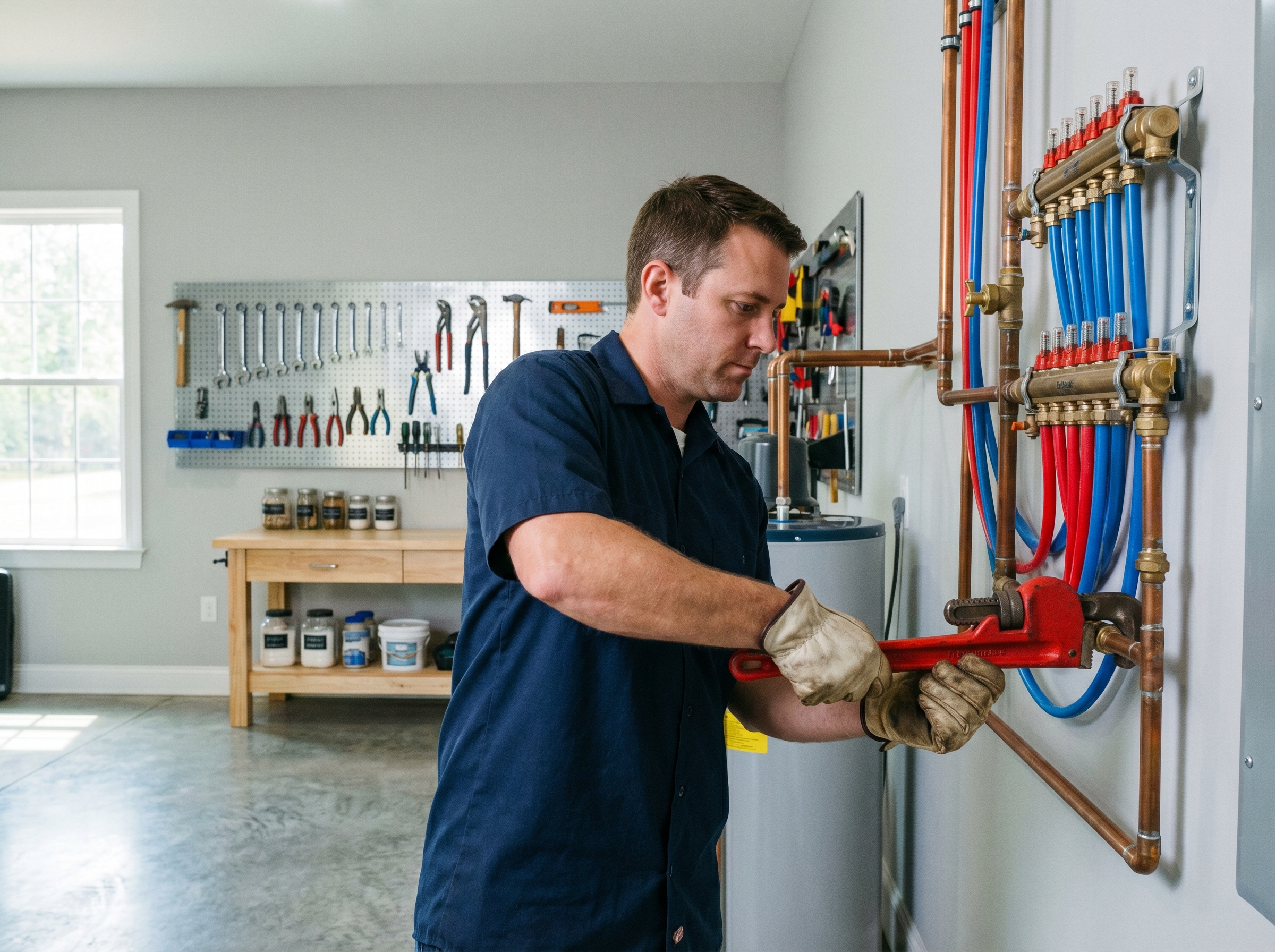 Professional plumber working on copper supply lines