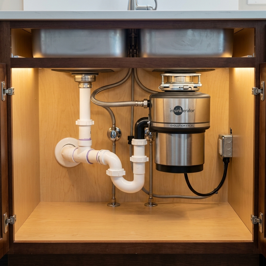 Under sink drain and garbage disposal installation